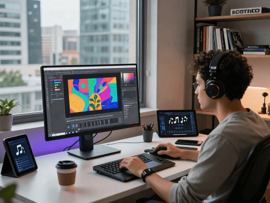 Creative workspace of a digital artist designing ai nsfw content, showcasing artistic tools and tech ambiance.