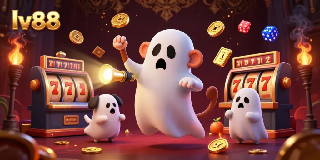 Engage with lv88 in a thrilling haunted casino scene featuring a playful poltergeist monkey and a ghost-hunter puppy.
