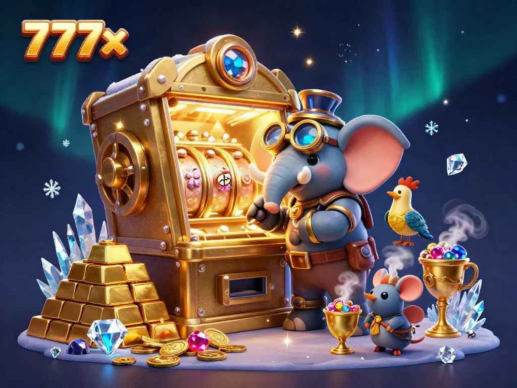 Operate the 777x slot machine in a dazzling casino scene with treasures and jewels.