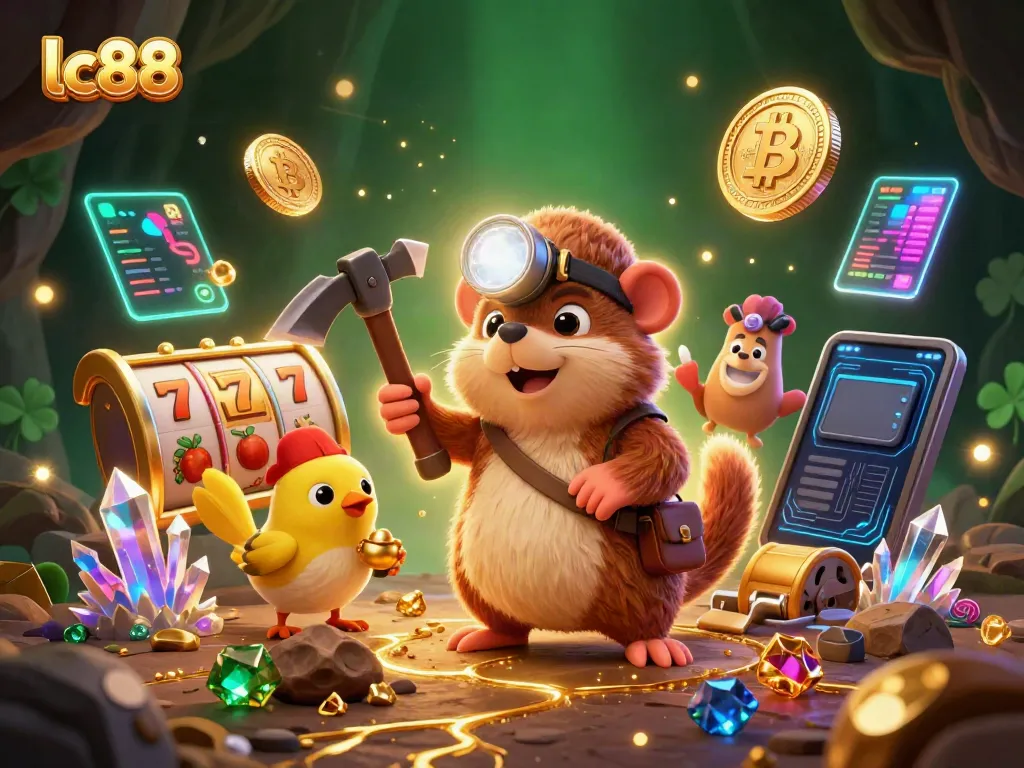 Spin the reels and win big with lc88 in this vibrant casino-themed illustration featuring a lively mole.
