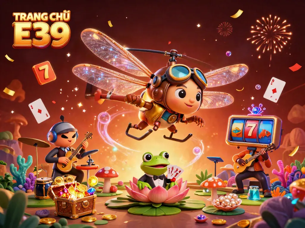 Experience the excitement at TRANG CHỦ E39 with a lively casino scene featuring a dragonfly pilot and froggy croupier.