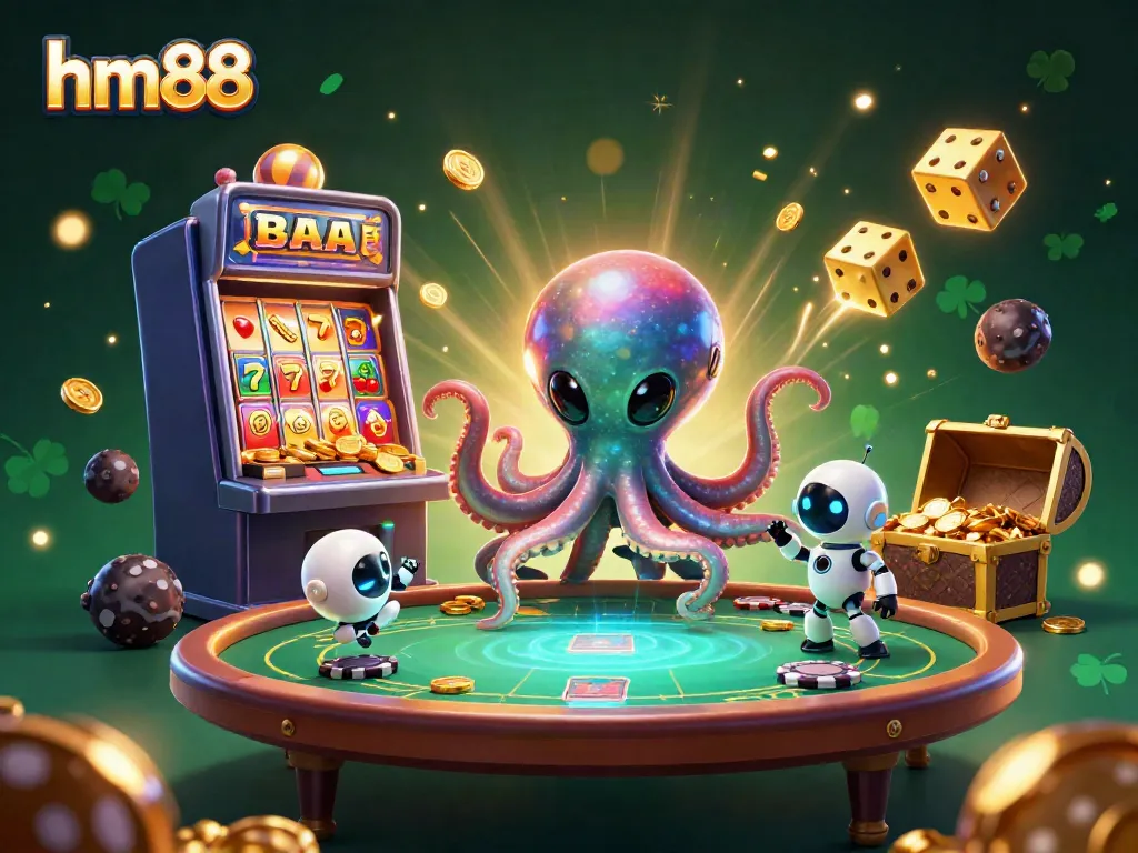 Experience thrilling gameplay with hm88's dynamic casino scene featuring an alien octopus at a poker table.