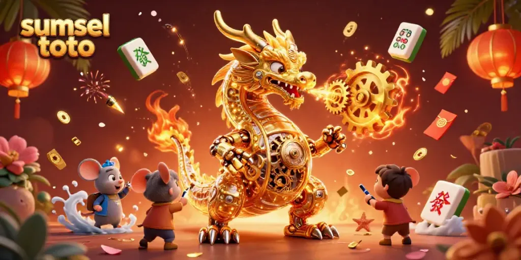 Engage with sumsel toto through a vibrant 3D illustration of a golden dragon and a mouse engineer