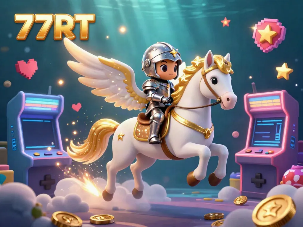 Experience thrilling gameplay with 77RT as a celestial knight rides a golden-winged horse through a vibrant arcade scene.