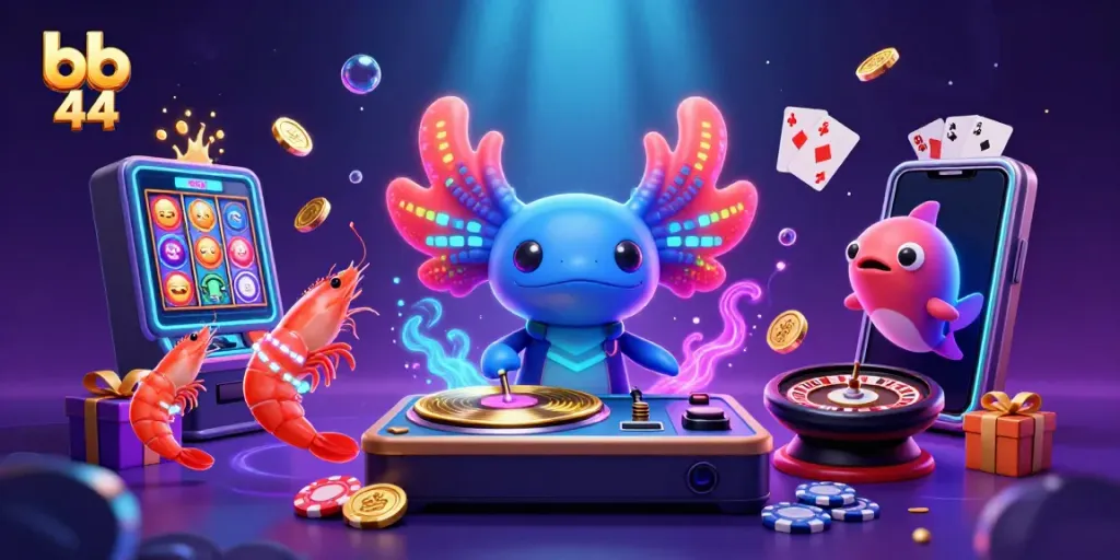 Spin colorful reels and win big with the vibrant bb 44 gaming scene featuring axolotl DJ and dancing shrimp.