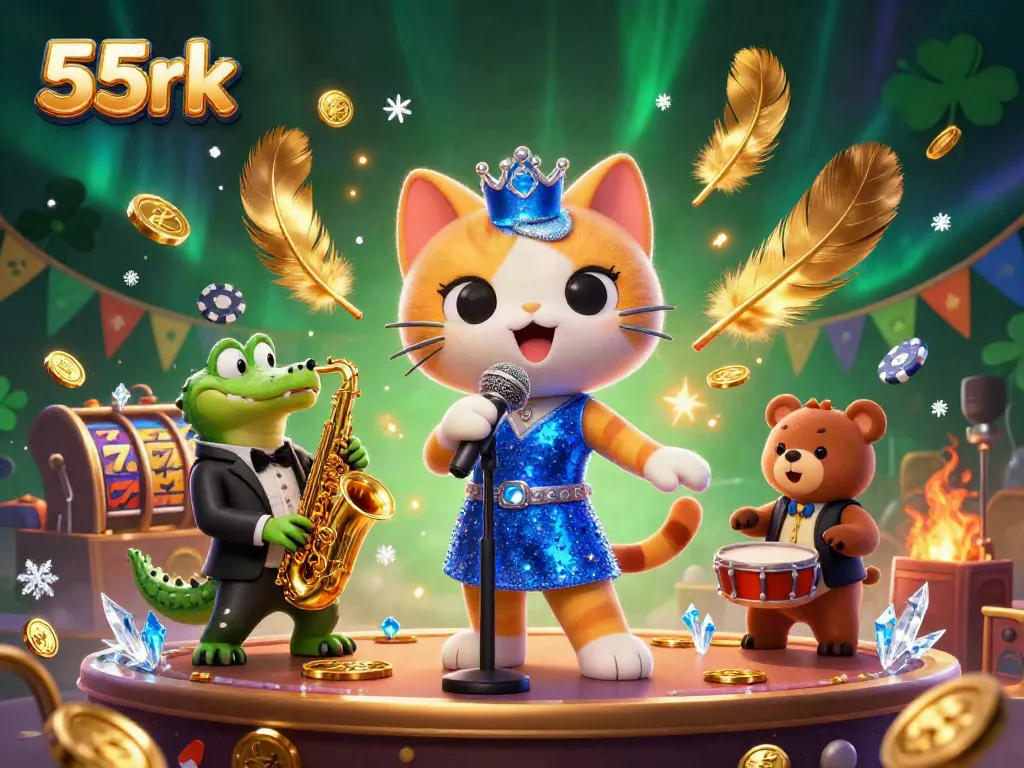 Engage with the vibrant energy of 55rk, featuring animated casino characters in a festive scene of playful gambling.