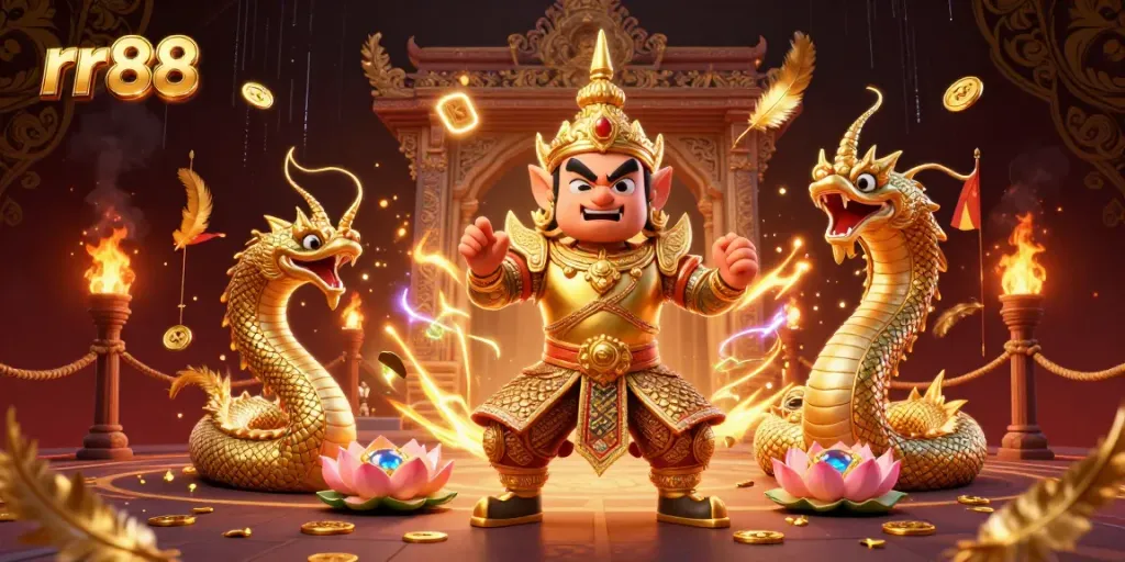 Engage in thrilling casino action with rr88's vibrant 3D illustration, featuring mythical guardians and rich gaming elements.