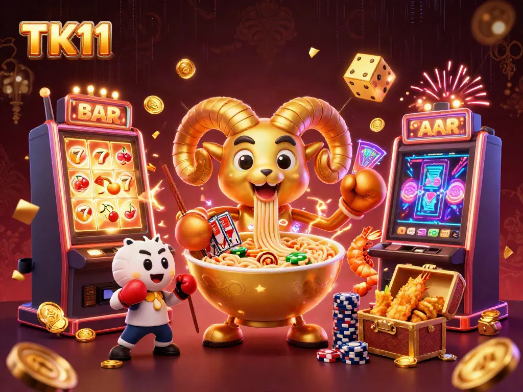 Experience the excitement of TK11 in this vibrant 3D illustration with cartoon characters and casino elements.