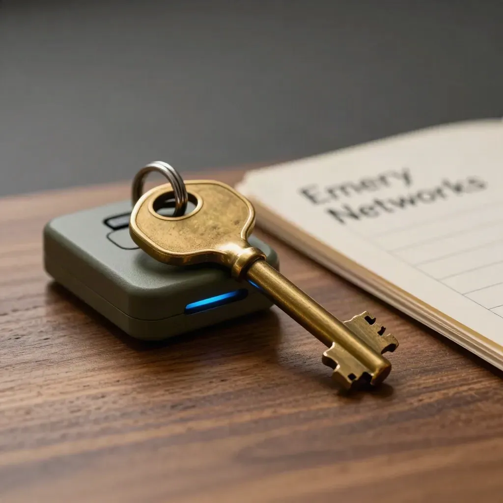 Brass cabinet key, smartcard reader and file tab on walnut under soft dusk light.