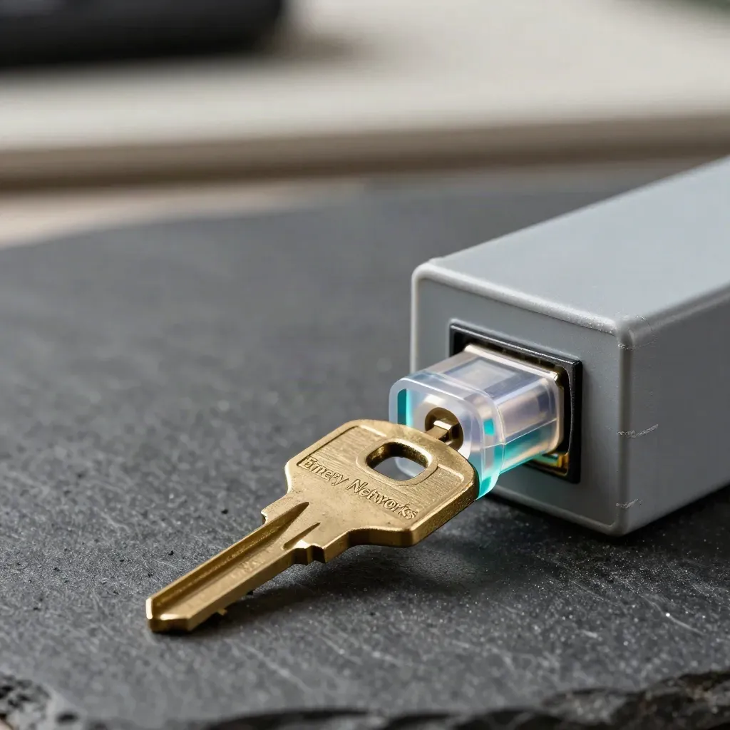 Macro still life of a rack key, UPS battery corner and fibre coupler on charcoal stone.