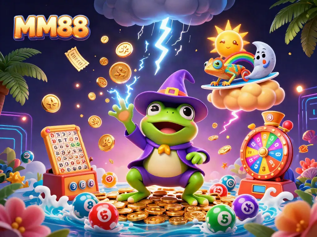 MM88 captures the excitement of online gambling with vibrant characters, lottery elements, and dynamic visuals.