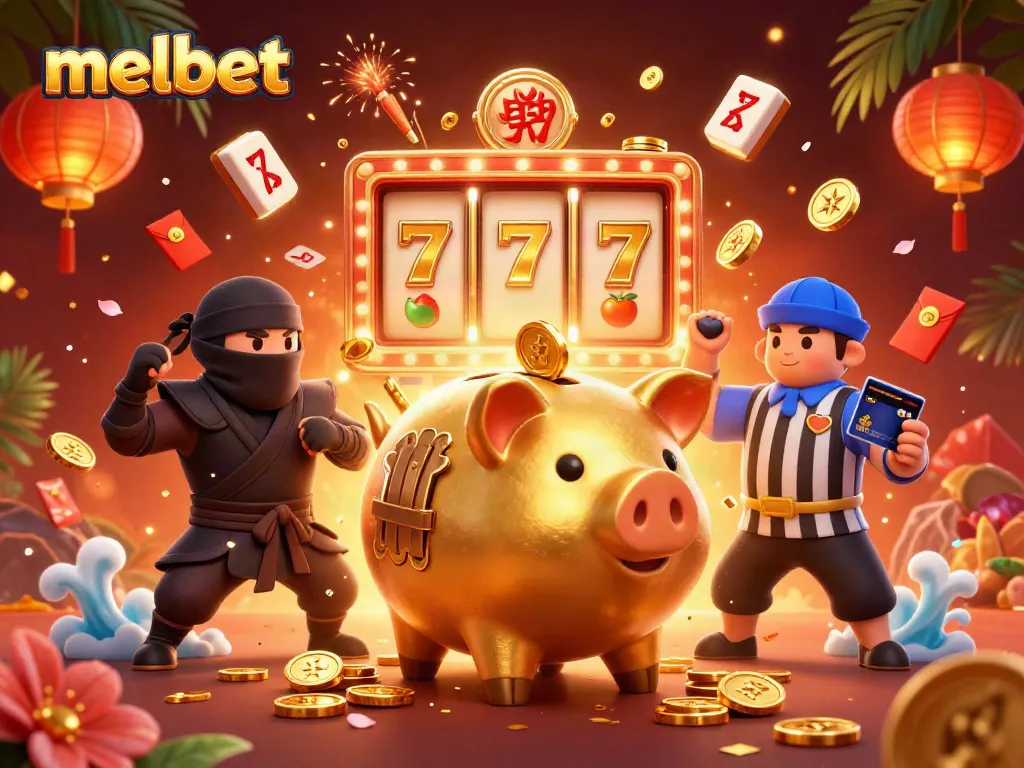 Experience the thrill of melbet with our golden piggy bank and dynamic casino characters in a vibrant 3D scene.