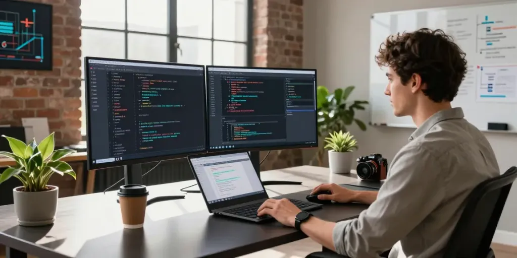 Developer integrating APIs at a modern workspace, showcasing LLM API provider solutions.