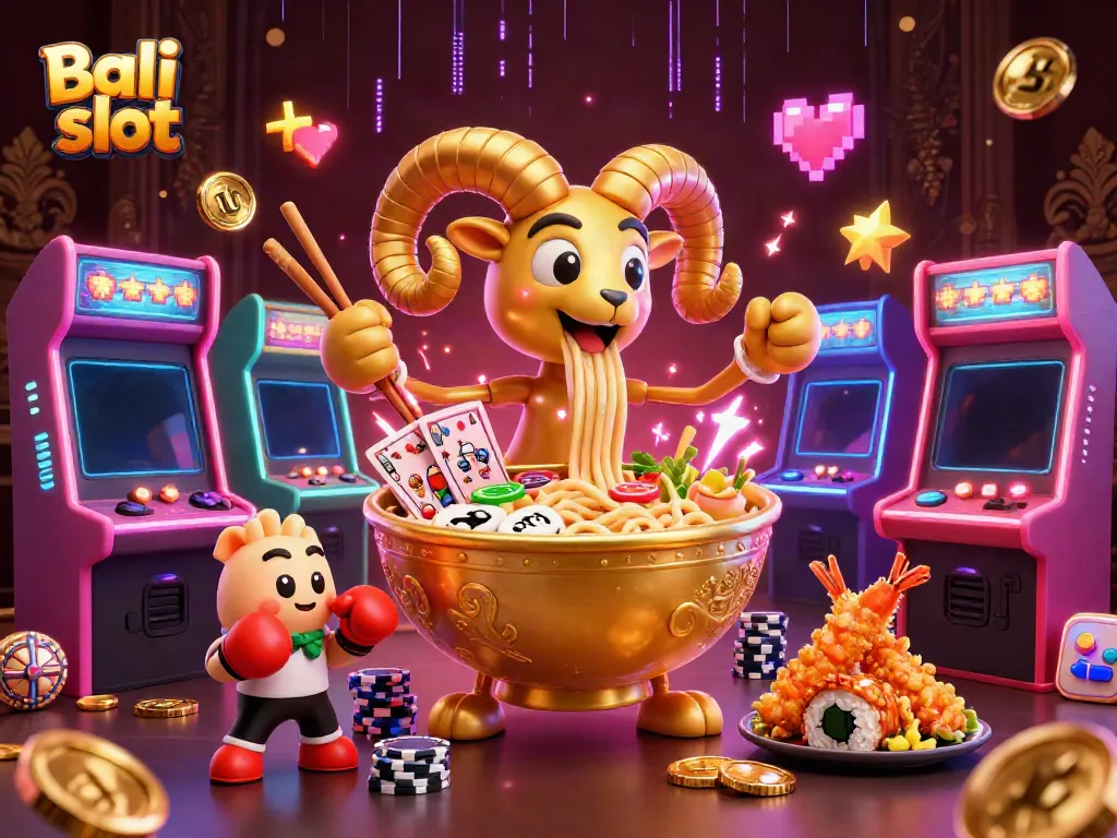 Bali slot game illustration featuring a golden ramen bowl character, casino elements, and vibrant gaming atmosphere.