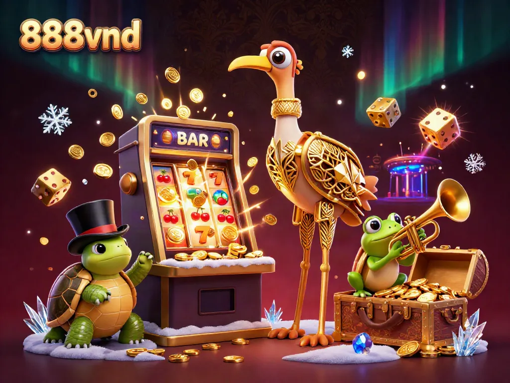 Experience winning at 888vnd with vibrant illustrations of casino games and characters in a dynamic setting.