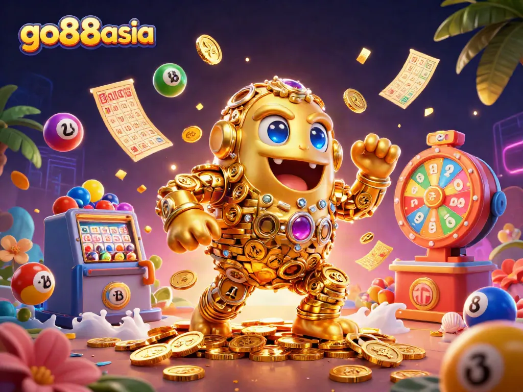 Experience thrilling gameplay at go88asia with vibrant lottery elements and a dynamic golden golem character!