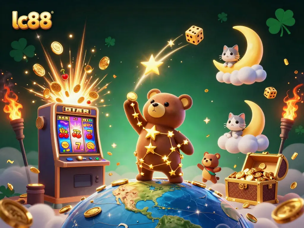 Engage in exciting gaming experiences with lc88 amidst 3D cartoon characters and vibrant casino elements.