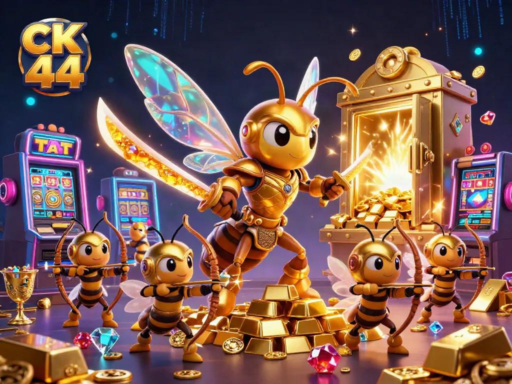 Experience the excitement of ck 44 with a vibrant casino scene featuring a golden hornet and treasures.