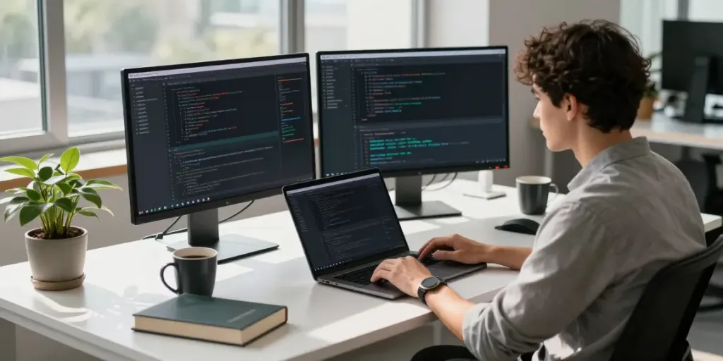 Developer managing instant indexing from a modern tech workspace, focused on dual monitors.