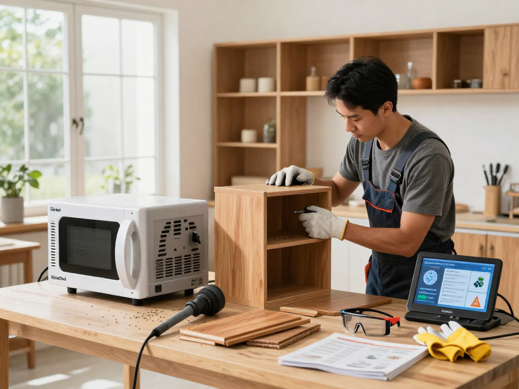 Technician using Shashel microwave technology to eliminate wood beetles in a modern workshop.