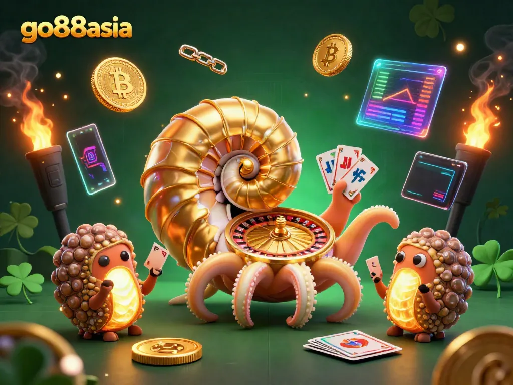 Engage in thrilling gaming experiences at go88asia with a vibrant 3D illustration of an ancient nautilus and crypto elements.