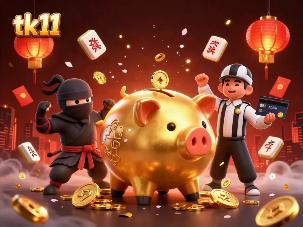 Engage in the thrill of tk 11 with a dynamic scene featuring a golden piggy bank sumo wrestler, showcasing gambling excitement.