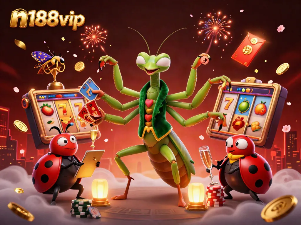 Join the excitement at n188vip with a vibrant casino scene featuring slot games and animated characters.