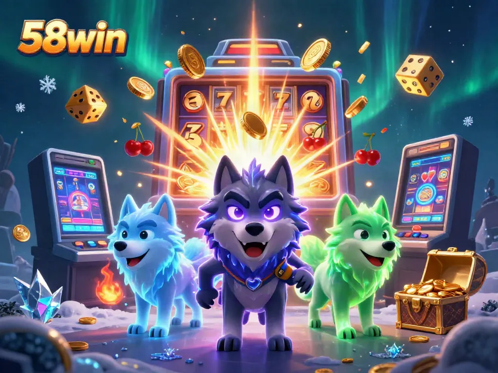 Experience thrilling wins at 58win with vibrant slot machines and ghostly companions in a dynamic casino scene.