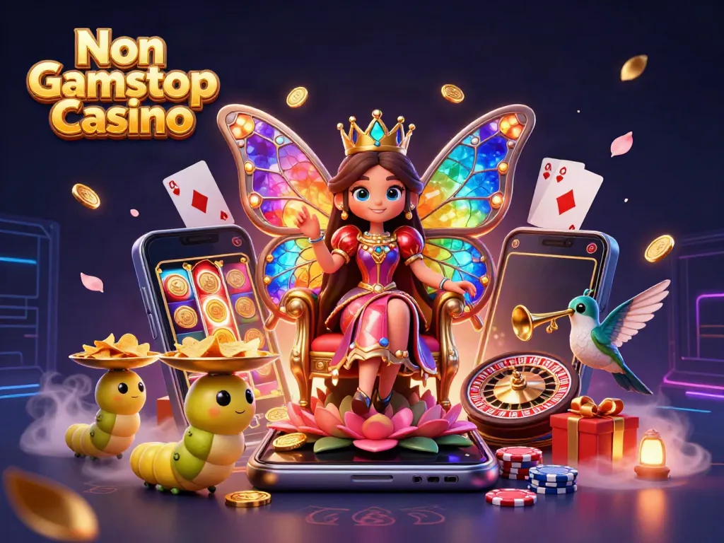 Experience vibrant action at a Non Gamstop Casino with a queen on her throne, surrounded by gaming symbols.