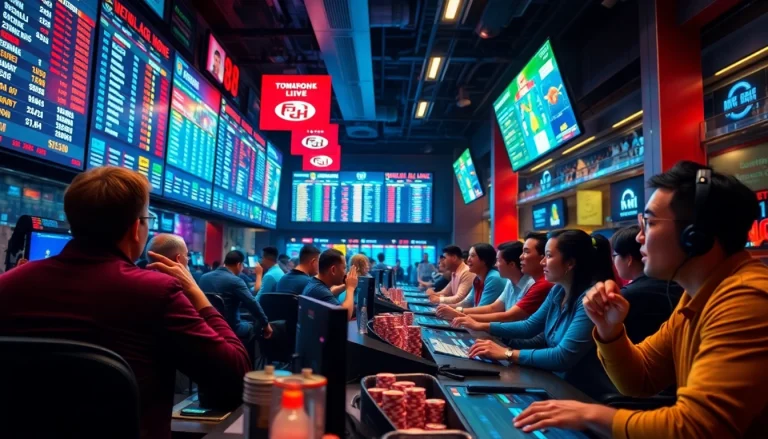 Engaging bettors at FB 88, surrounded by colorful screens and sports memorabilia.