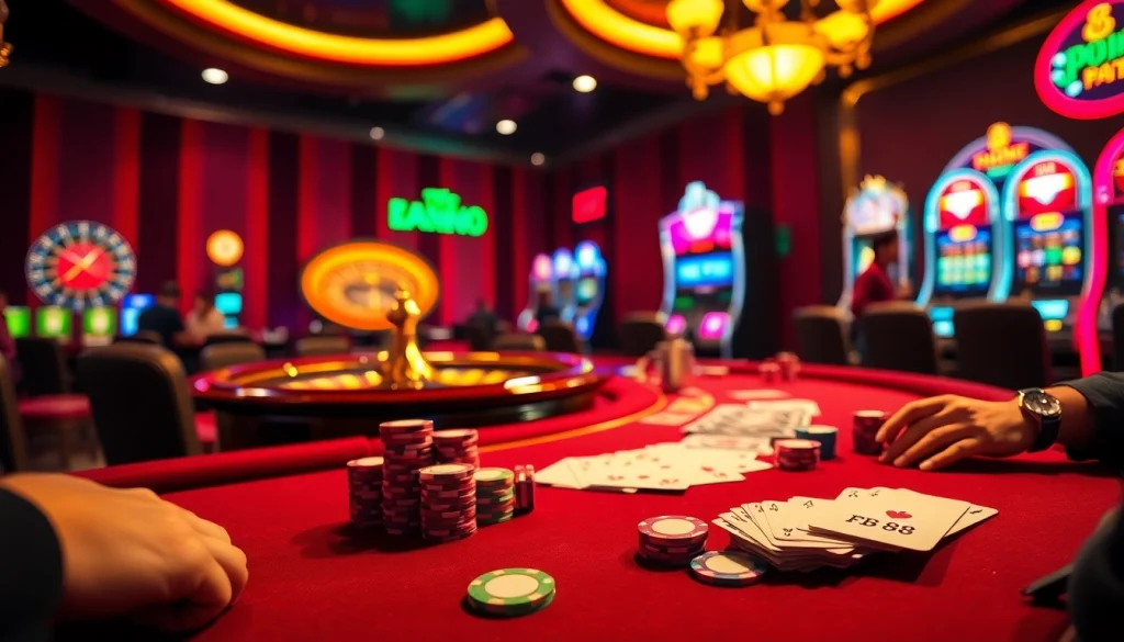 FB 88 poker table with vibrant chips and suspenseful gameplay in a luxurious casino setting.