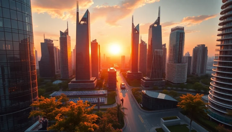 Explore a vibrant cityscape demonstrating New Technology with futuristic architecture and eco-friendly design.