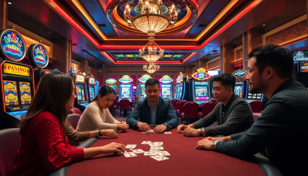 Players enjoying game bài đổi thưởng in a lively casino setting with poker chips and vibrant lights.