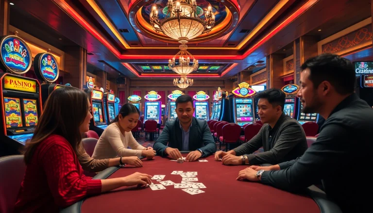 Players enjoying game bài đổi thưởng in a lively casino setting with poker chips and vibrant lights.