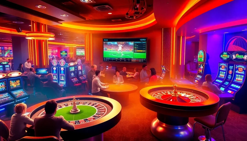 Dynamic casino scene at https://ii69vn.com/ featuring players enjoying live gaming and sports betting excitement.