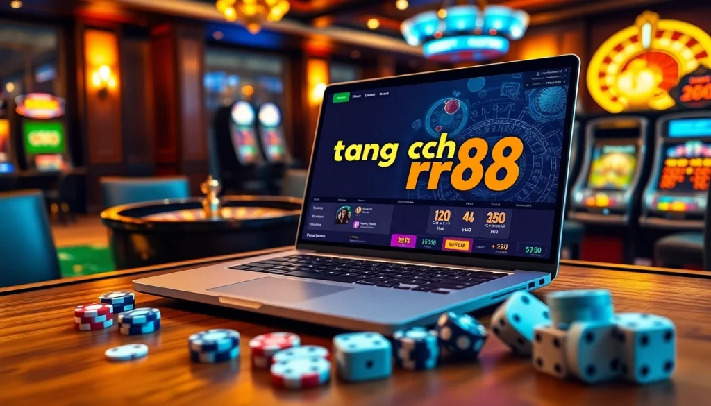 Experience the excitement of online gambling at trang chủ rr88 with dynamic casino tables and glowing slot machines.