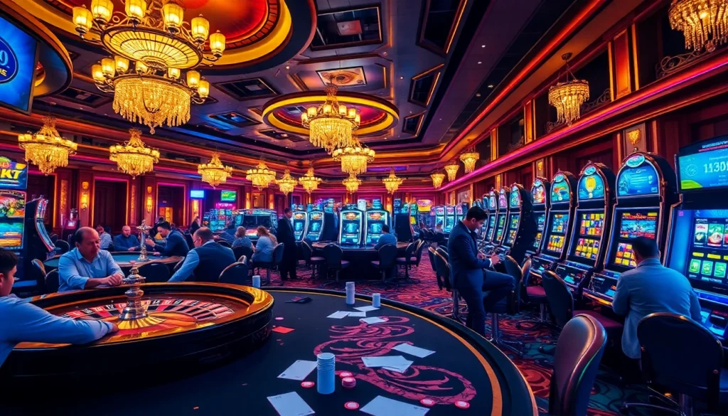Gambling excitement with players at tables and vibrant slots at bancaonline88 casino.