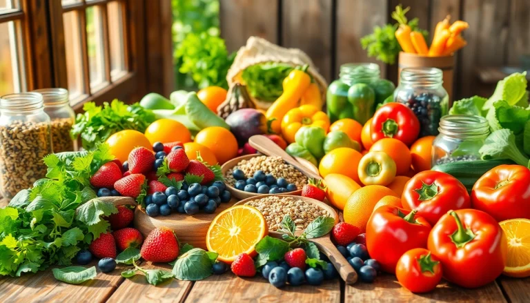 Discover a variety of healthy food options including fruits and vegetables displayed on a rustic wooden table.