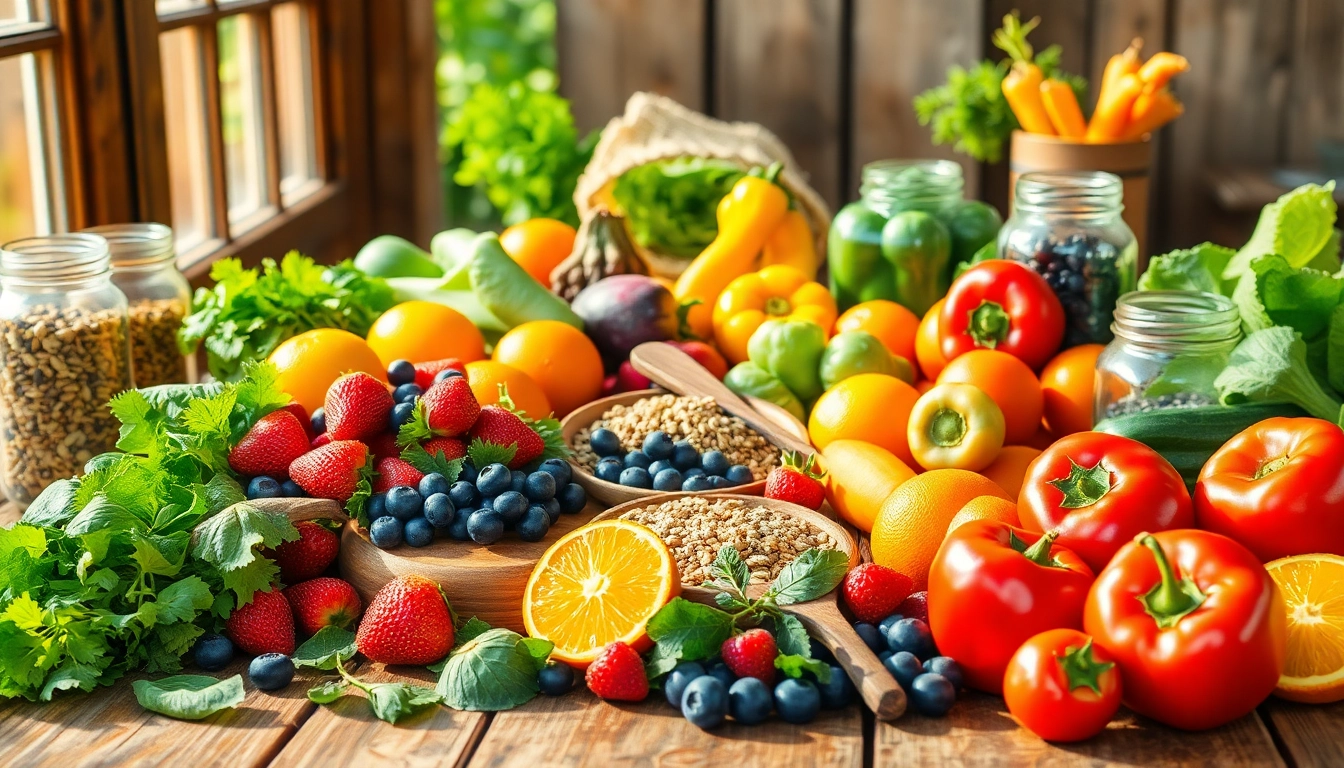 Discover a variety of healthy food options including fruits and vegetables displayed on a rustic wooden table.