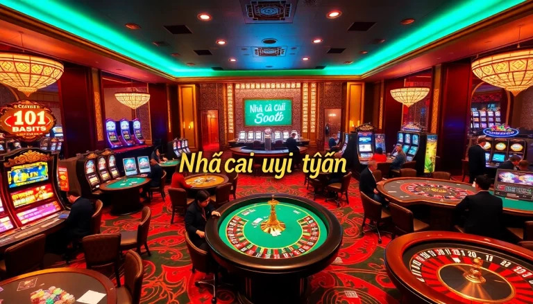 An engaging scene of players enjoying games at a luxury casino, highlighting Nhà cái uy tín through vibrant tables, chips, and roulette wheel.