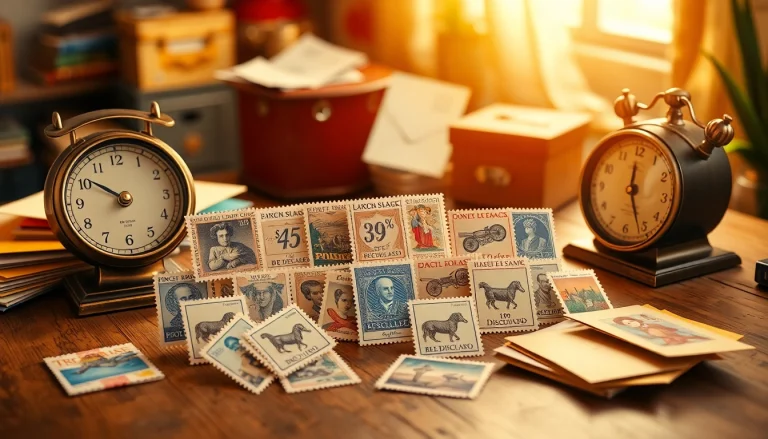 Explore discounted postage stamps showcased elegantly on a rustic table with colorful envelopes and a vintage scale.
