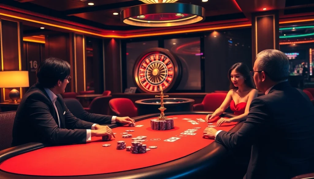 Exciting gameplay at https://vnew88.vip/ casino with poker chips, cards, and roulette wheel.