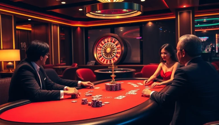 Exciting gameplay at https://vnew88.vip/ casino with poker chips, cards, and roulette wheel.