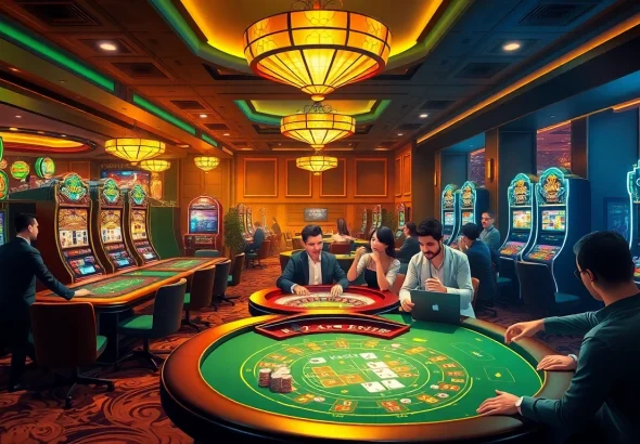 KJC casino scene showing excited players at table games and slot machines in a luxurious environment.