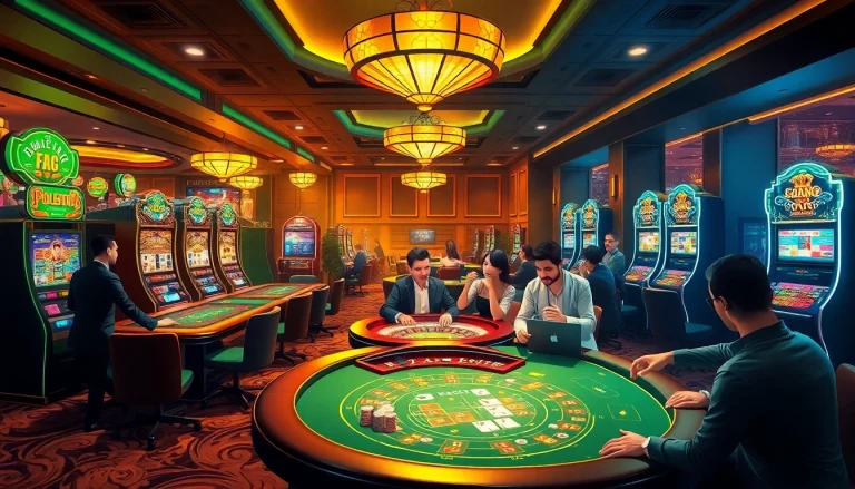 KJC casino scene showing excited players at table games and slot machines in a luxurious environment.