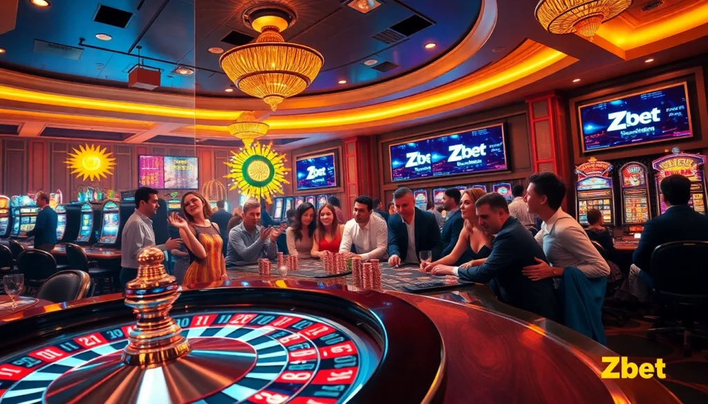 Zbet nhà cái engaging players in a thrilling casino atmosphere with vibrant roulette, poker chips, and lively interactions.