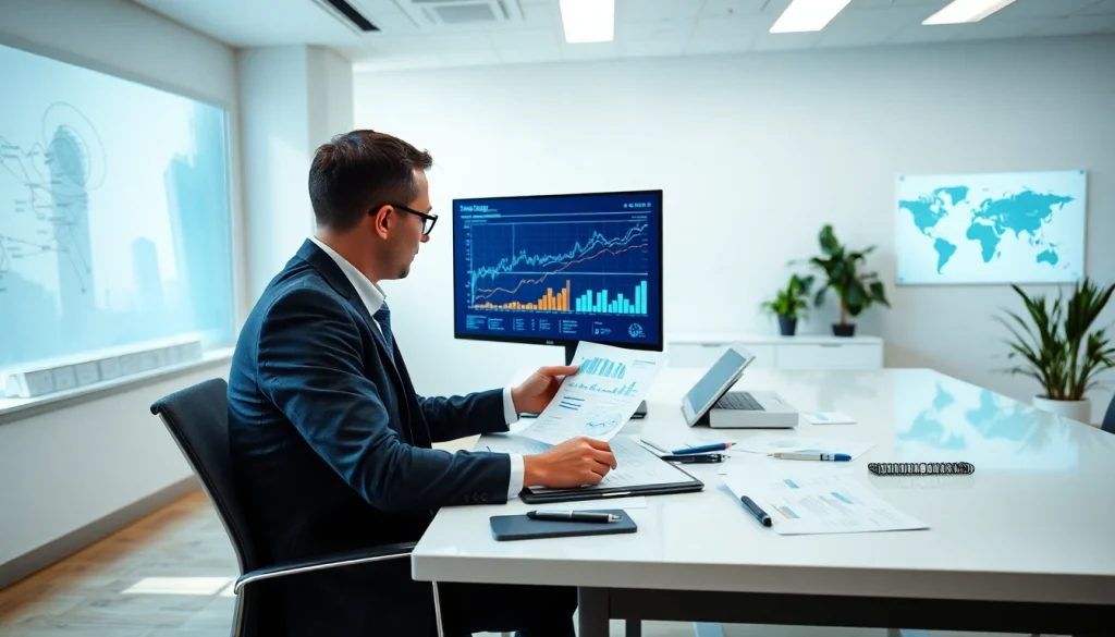 Profesjonalny księgowy analizujący sprawozdania finansowe w nowoczesnym biurze.
