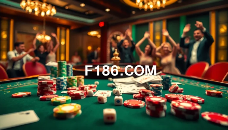 Players enjoying casino games at F168.COM with vibrant chips and a roulette wheel.