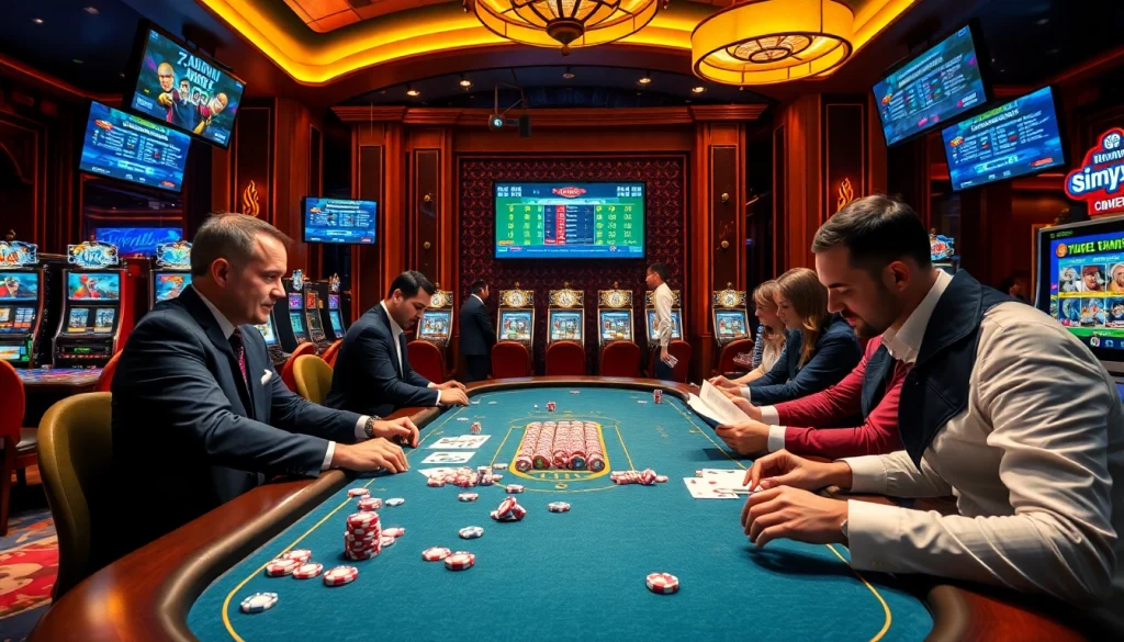 Engaging players bet at a luxurious casino table while tracking 7mcn sports scores.