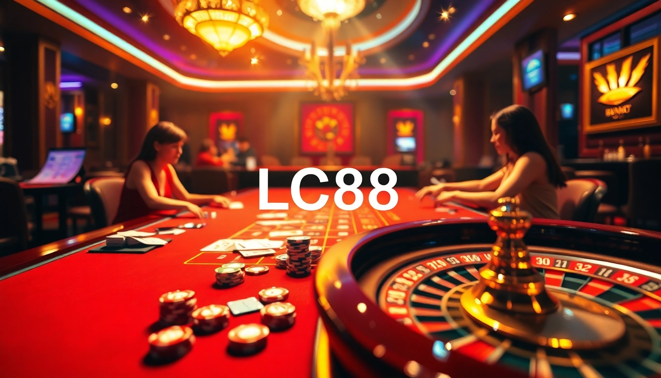 LC88 Đăng nhập - Exciting online gambling scene with vibrant casino tables, cards, and chips.